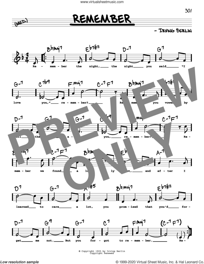Remember (High Voice) sheet music for voice and other instruments (high voice) by Irving Berlin and Red Norvo, intermediate skill level
