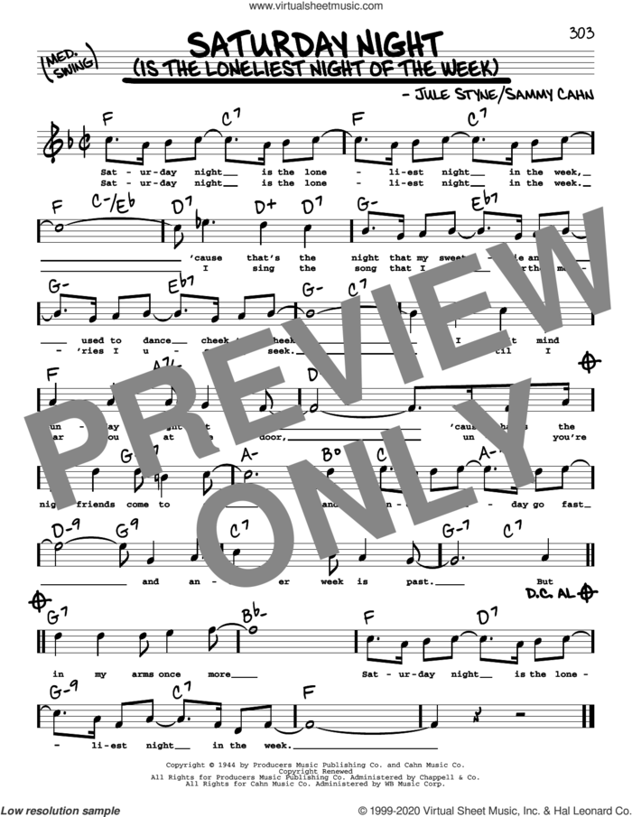 Saturday Night (Is The Loneliest Night Of The Week) (High Voice) sheet music for voice and other instruments (high voice) by Sammy Cahn, Jule Styne and Jule Styne and Sammy Cahn, intermediate skill level