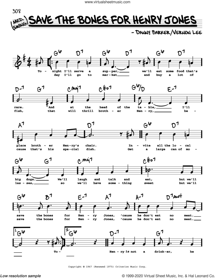 Save The Bones For Henry Jones (High Voice) sheet music for voice and other instruments (high voice) by Danny Barker and Vernon Lee, intermediate skill level