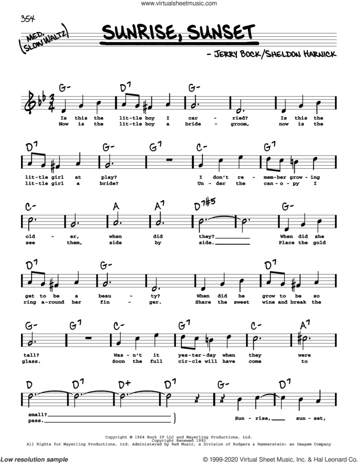 Sunrise, Sunset (from Fiddler On The Roof) (High Voice) sheet music for voice and other instruments (high voice) by Jerry Bock, Bock & Harnick and Sheldon Harnick, intermediate skill level