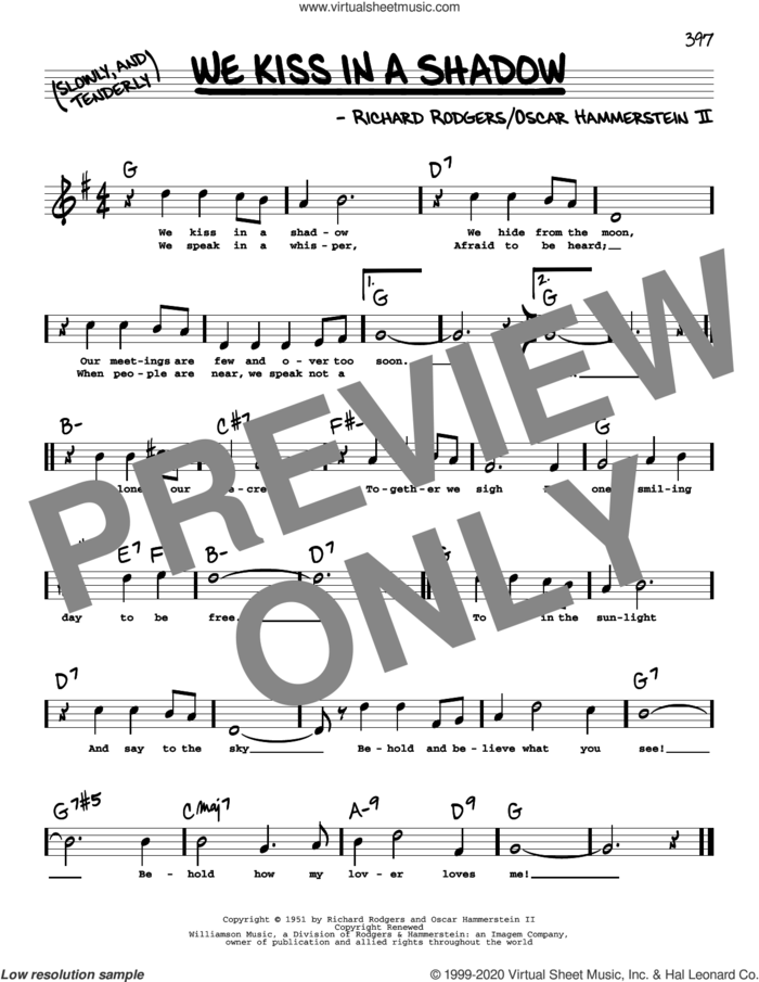 We Kiss In A Shadow (High Voice) sheet music for voice and other instruments (high voice) by Richard Rodgers, Oscar II Hammerstein and Rodgers & Hammerstein, intermediate skill level