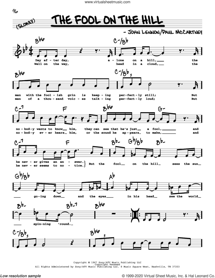 The Fool On The Hill (High Voice) sheet music for voice and other instruments (high voice) by The Beatles, John Lennon and Paul McCartney, intermediate skill level