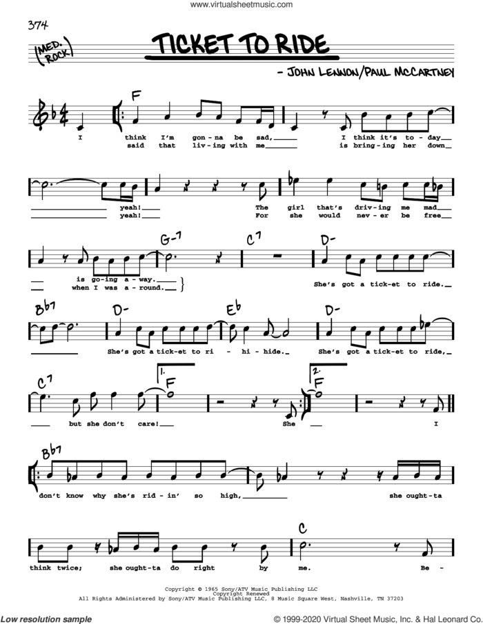 Ticket To Ride (High Voice) sheet music for voice and other instruments (high voice) by The Beatles, John Lennon and Paul McCartney, intermediate skill level