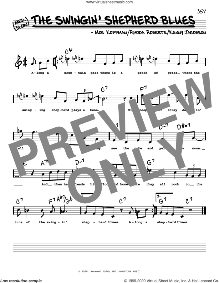 The Swingin' Shepherd Blues (High Voice) sheet music for voice and other instruments (high voice) by Moe Koffman, Kenny Jacobson and Rhoda Roberts, intermediate skill level