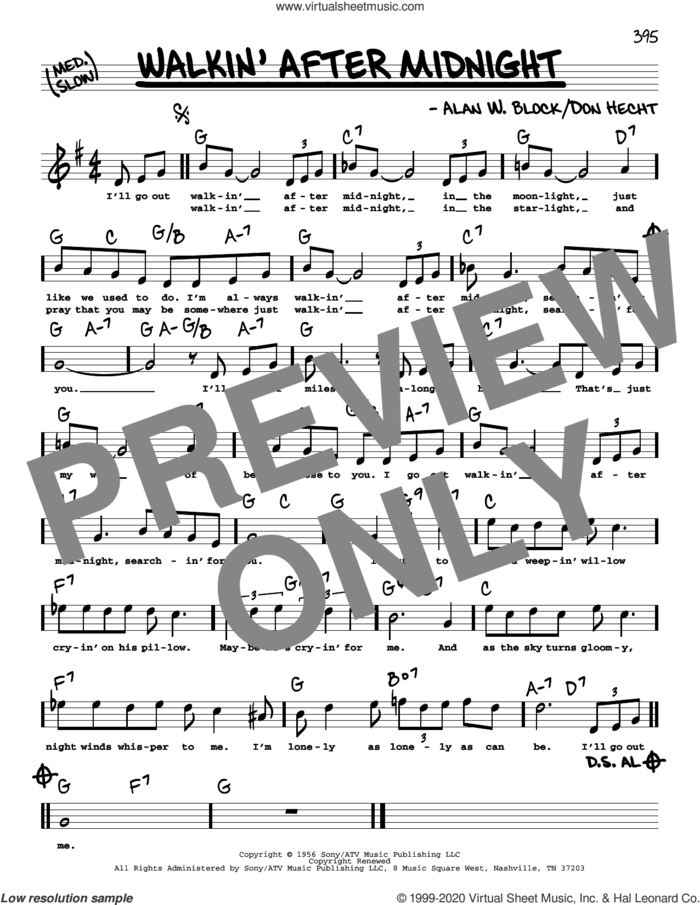 Walkin' After Midnight (High Voice) sheet music for voice and other instruments (high voice) by Patsy Cline, Alan W. Block and Don Hecht, intermediate skill level