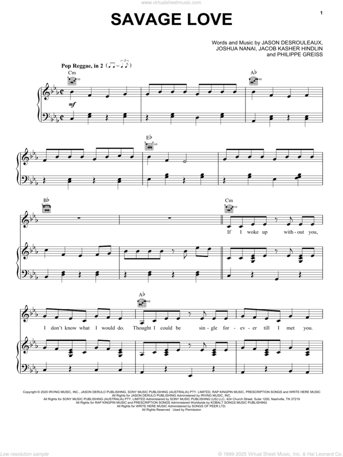 Savage Love sheet music for voice, piano or guitar by Jawsh 685 x Jason Derulo, Jawsh 685 x Jason Derulo x BTS, Jacob Kasher Hindlin, Jason Desrouleaux, Joshua Nanai and Philippe Greiss, intermediate skill level