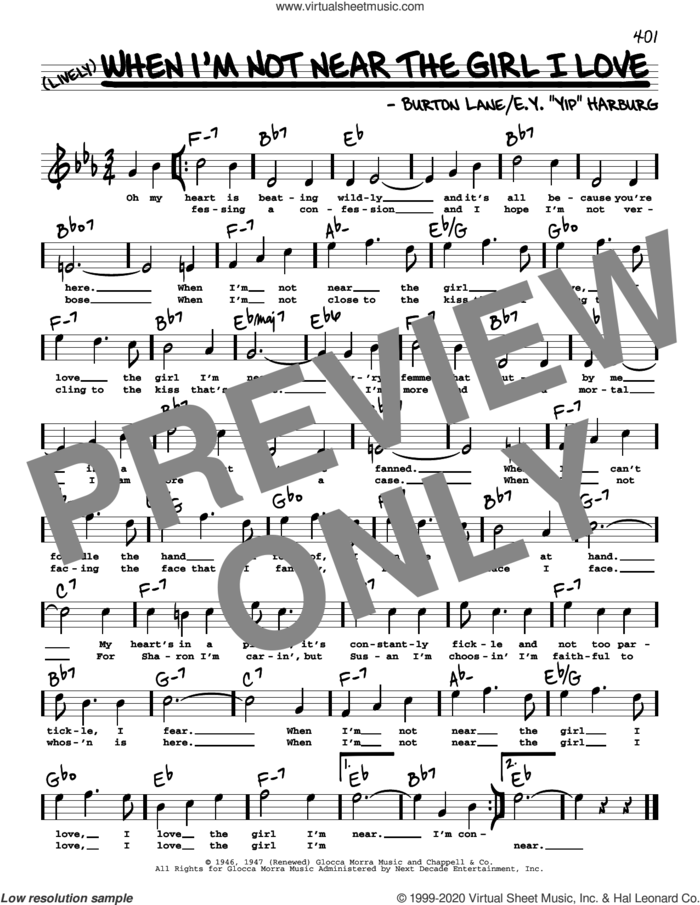 When I'm Not Near The Girl I Love (High Voice) (from Finian's Rainbow) sheet music for voice and other instruments (high voice) by E.Y. Harburg, Burton Lane and E.Y. 'Yip' Harburg and Burton Lane, intermediate skill level