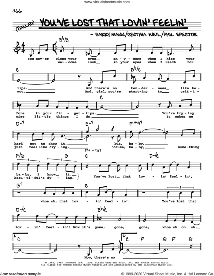 You've Lost That Lovin' Feelin' (High Voice) sheet music for voice and other instruments (high voice) by The Righteous Brothers, Elvis Presley, Barry Mann, Cynthia Weil and Phil Spector, intermediate skill level