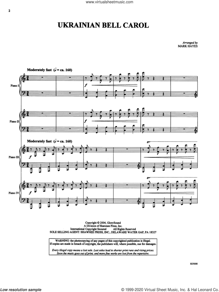 Ukrainian Bell Carol (Piano Quartet, four pianos sheet music for orchestra/band (piano/score) by Mark Hayes, intermediate skill level