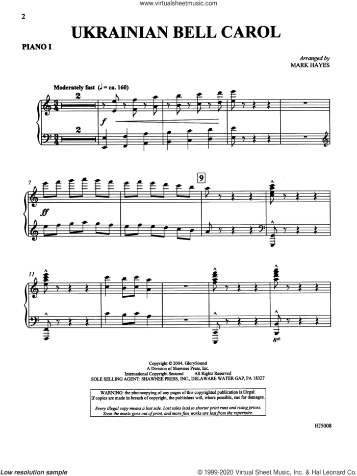 Ukrainian Bell Carol (Piano Quartet, four pianos sheet music for orchestra/band (piano i) by Mark Hayes, intermediate skill level