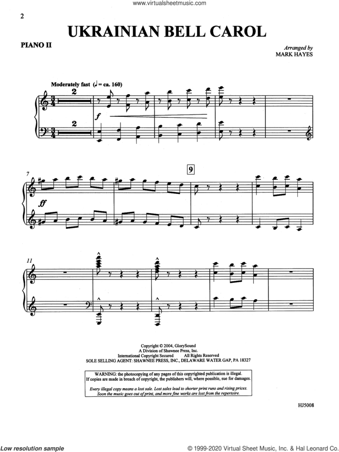 Ukrainian Bell Carol (Piano Quartet, four pianos sheet music for orchestra/band (piano ii) by Mark Hayes, intermediate skill level