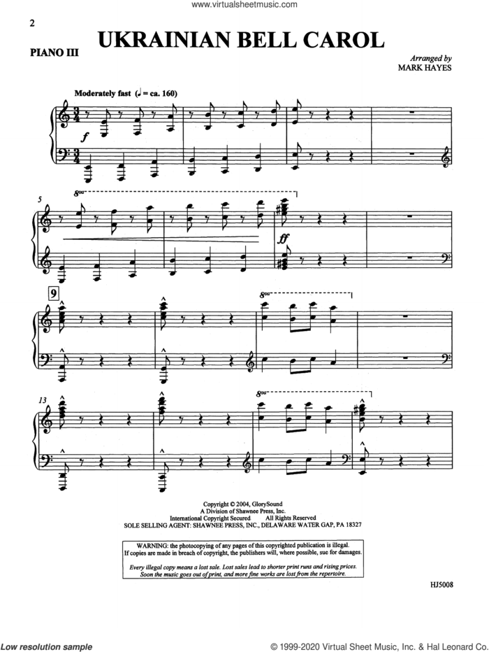 Ukrainian Bell Carol (Piano Quartet, four pianos sheet music for orchestra/band (piano iii) by Mark Hayes, intermediate skill level