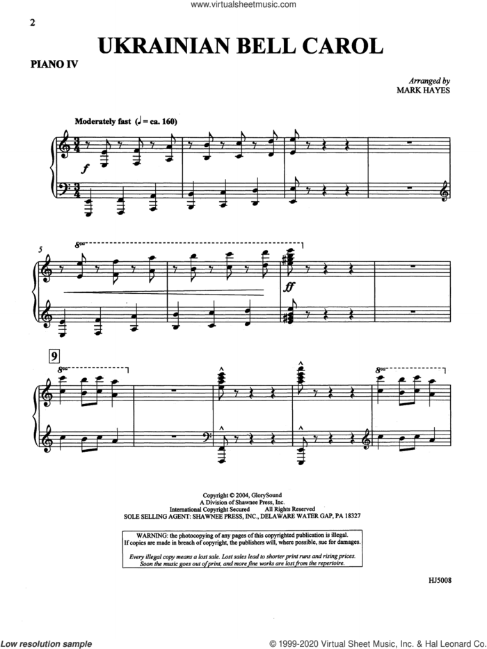 Ukrainian Bell Carol (Piano Quartet, four pianos sheet music for orchestra/band (piano iv) by Mark Hayes, intermediate skill level