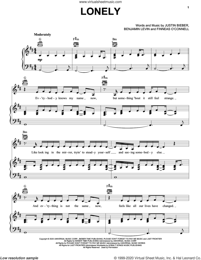 Lonely (with benny blanco) sheet music for voice, piano or guitar by Justin Bieber, Benny Blanco and Benjamin Levin, intermediate skill level