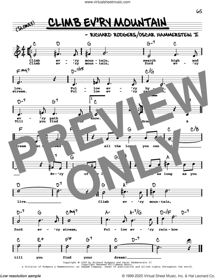 Climb Ev'ry Mountain (from The Sound Of Music) (High Voice) sheet music for voice and other instruments (real book with lyrics) by Richard Rodgers, Oscar II Hammerstein and Rodgers & Hammerstein, intermediate skill level