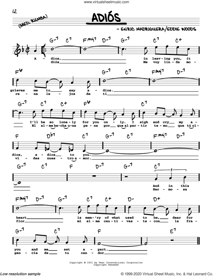 Adios (High Voice) sheet music for voice and other instruments (high voice) by Enric Madriguera, Glenn Miller, Madriguera Band, Eddie Woods (English) and Enric Madriguera (Spanish), intermediate skill level