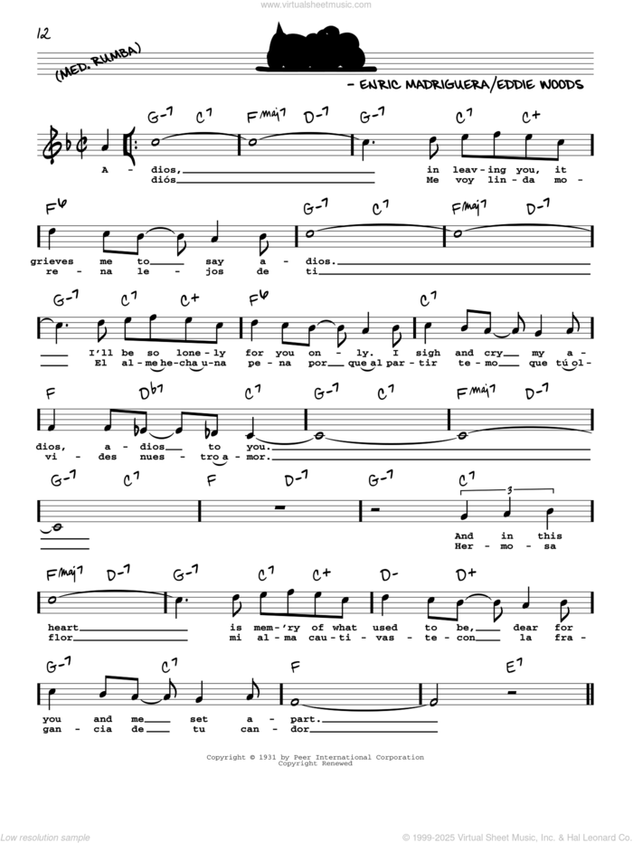 Adios (High Voice) sheet music for voice and other instruments (high voice) by Enric Madriguera, Glenn Miller, Madriguera Band, Eddie Woods (English) and Enric Madriguera (Spanish), intermediate skill level