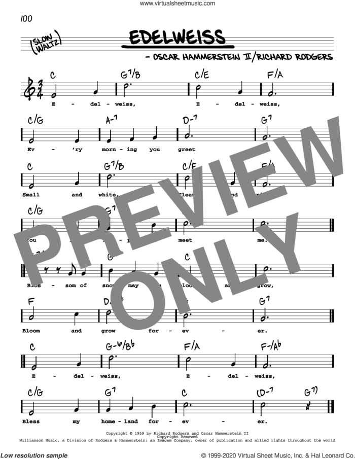Edelweiss (from The Sound Of Music) (High Voice) sheet music for voice and other instruments (real book with lyrics) by Richard Rodgers, Oscar II Hammerstein and Rodgers & Hammerstein, intermediate skill level