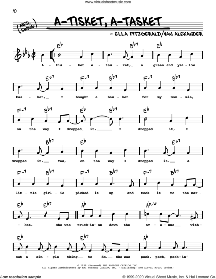 A-Tisket, A-Tasket (High Voice) sheet music for voice and other instruments (high voice) by Ella Fitzgerald and Van Alexander, intermediate skill level