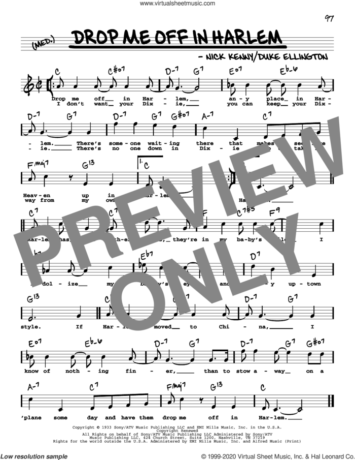 Drop Me Off In Harlem (High Voice) sheet music for voice and other instruments (high voice) by Duke Ellington and Nick Kenny, intermediate skill level