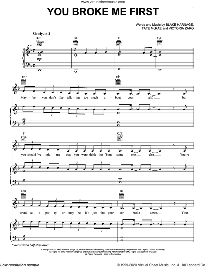 You Broke Me First sheet music for voice, piano or guitar by Tate McRae, Blake Harnage and Victoria Zaro, intermediate skill level