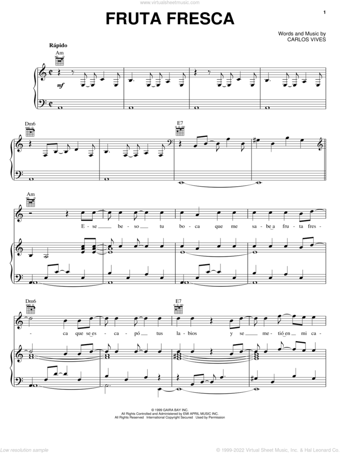 Fruta Fresca sheet music for voice, piano or guitar by Carlos Vives, intermediate skill level