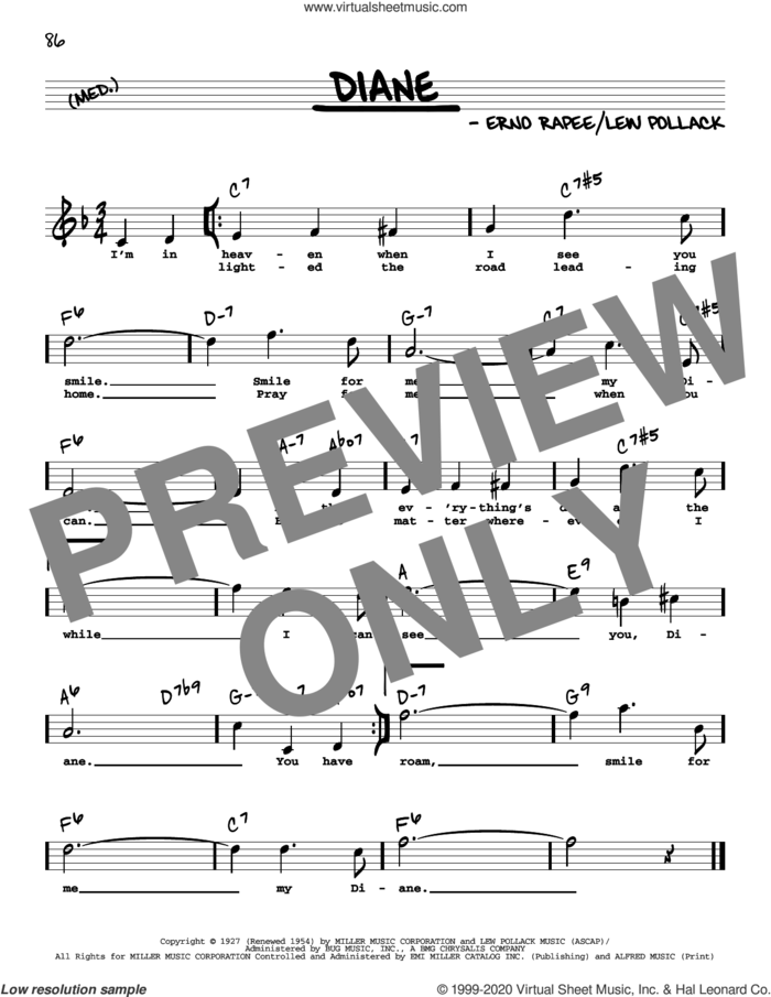 Diane (High Voice) sheet music for voice and other instruments (real book with lyrics) by Lew Pollack and Erno Rapee, intermediate skill level