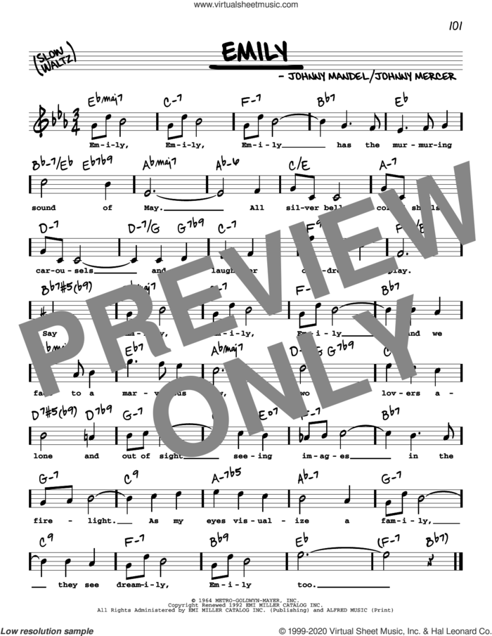 Emily (High Voice) (from The Americanization of Emily) sheet music for voice and other instruments (real book with lyrics) by Johnny Mercer and Johnny Mandel, intermediate skill level