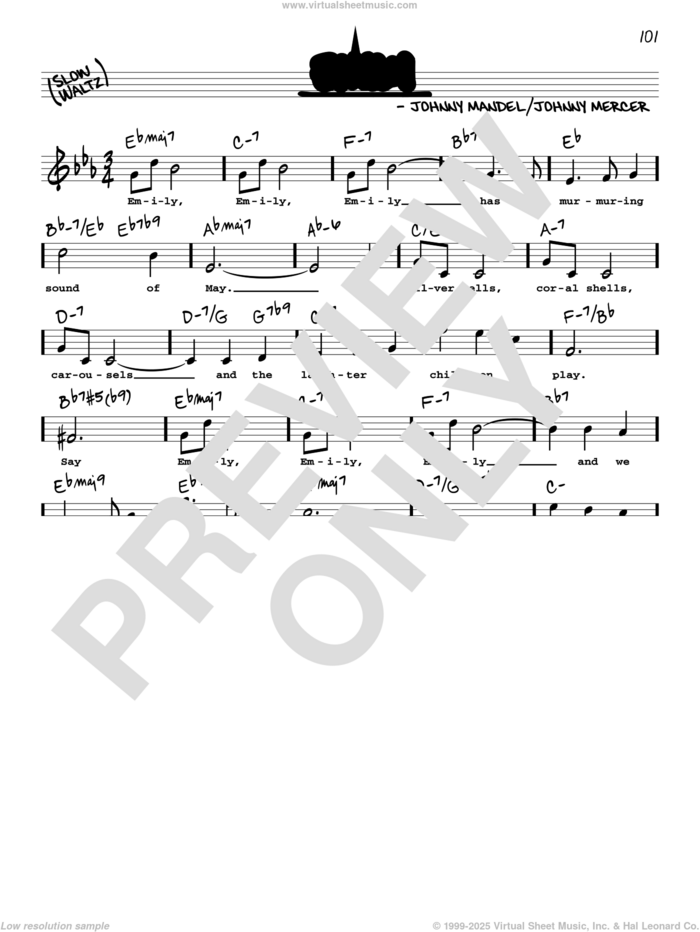 Emily (High Voice) (from The Americanization of Emily) sheet music for voice and other instruments (real book with lyrics) by Johnny Mercer and Johnny Mandel, intermediate skill level