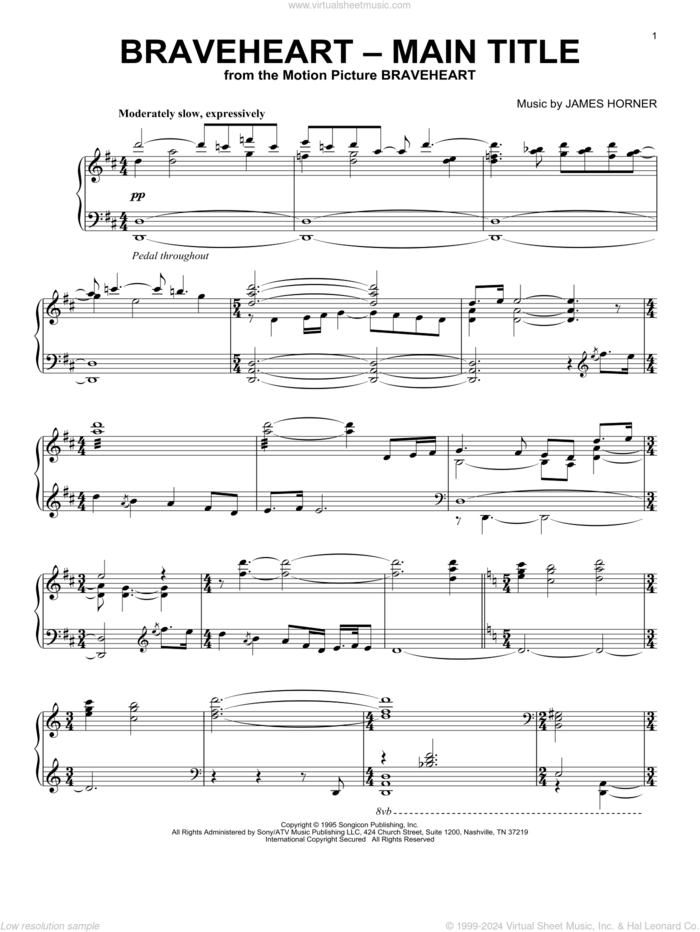 Braveheart - Main Title sheet music for piano solo by James Horner, intermediate skill level