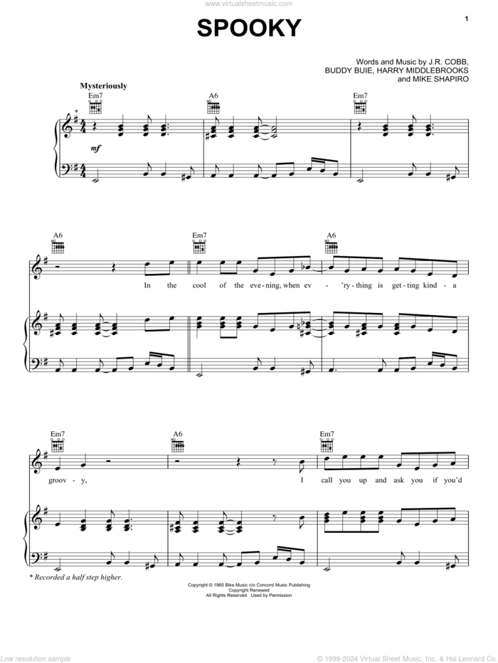 Spooky sheet music for voice, piano or guitar by Classics IV, Buddy Buie, Harry Middlebrooks, J.R. Cobb and Mike Shapiro, intermediate skill level