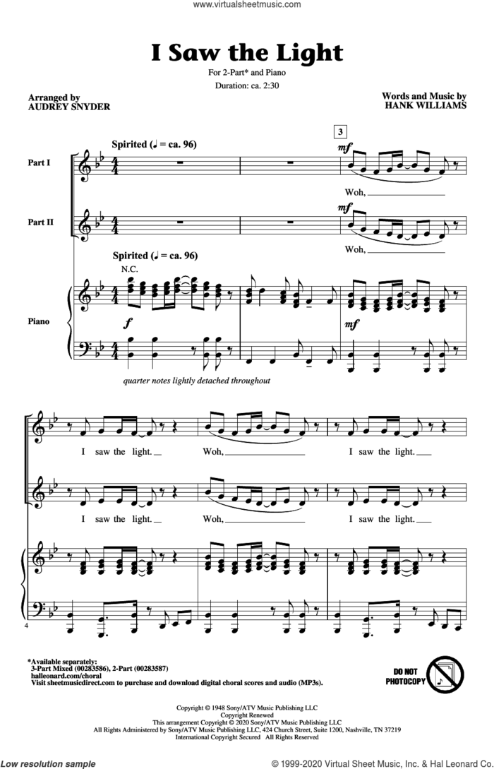 I Saw The Light (arr. Audrey Snyder) sheet music for choir (2-Part) by Hank Williams and Audrey Snyder, intermediate duet