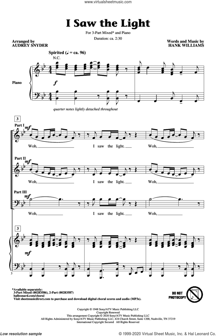I Saw The Light (arr. Audrey Snyder) sheet music for choir (3-Part Mixed) by Hank Williams and Audrey Snyder, intermediate skill level
