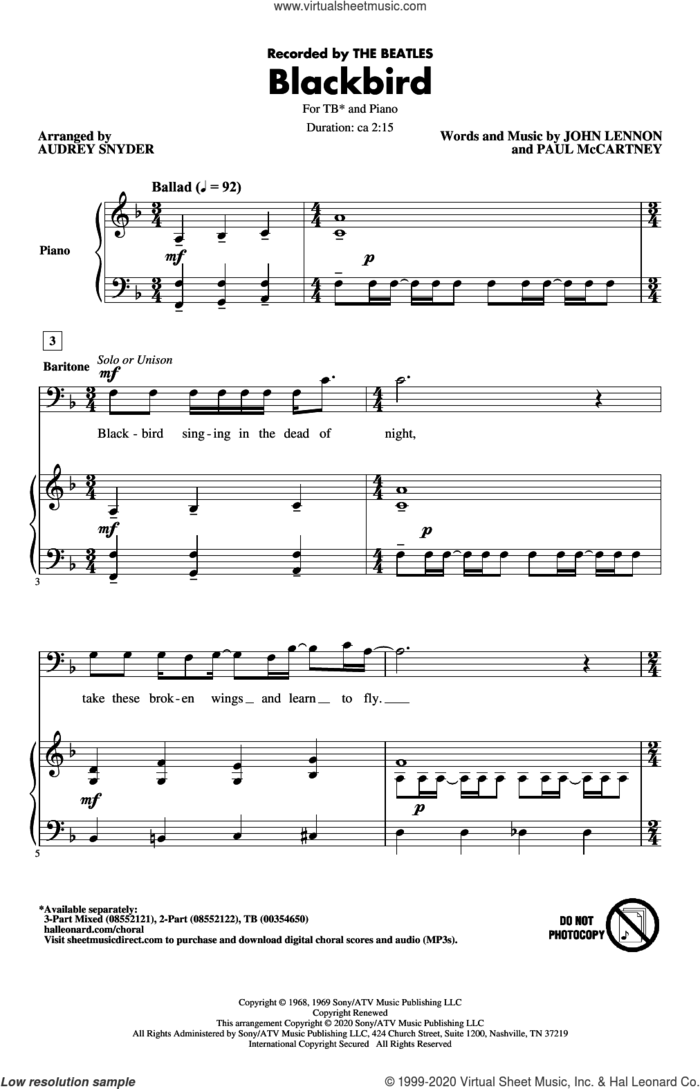 Blackbird (arr. Audrey Snyder) sheet music for choir (TB: tenor, bass) by The Beatles, Audrey Snyder, John Lennon and Paul McCartney, intermediate skill level