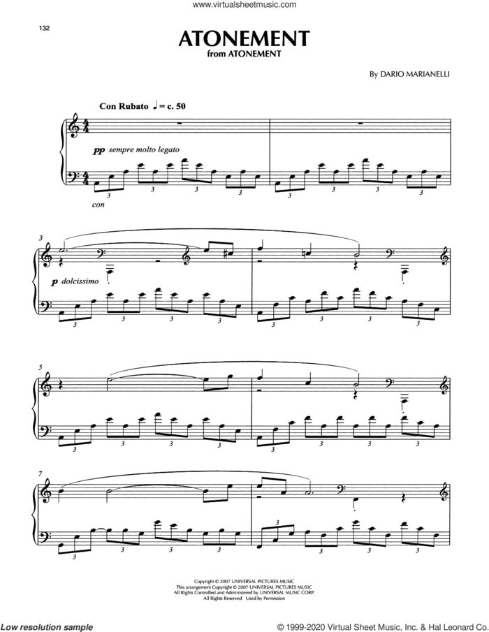 Atonement (from Atonement) sheet music for piano solo by Dario Marianelli, intermediate skill level