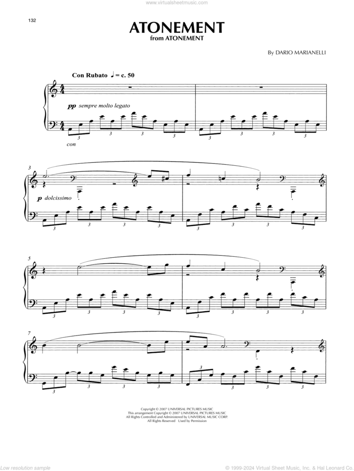 Atonement (from Atonement) sheet music for piano solo by Dario Marianelli, intermediate skill level