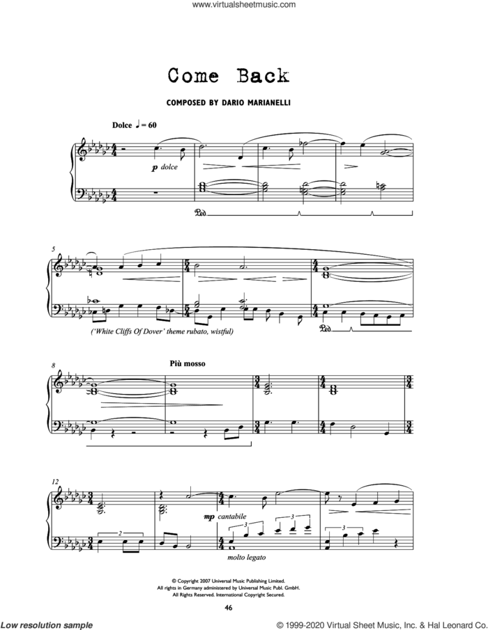 Come Back (from Atonement) sheet music for piano solo by Dario Marianelli, intermediate skill level
