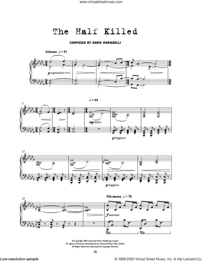 The Half Killed (from Atonement) sheet music for piano solo by Dario Marianelli, intermediate skill level