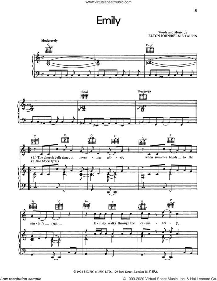Emily sheet music for voice, piano or guitar by Elton John and Bernie Taupin, intermediate skill level