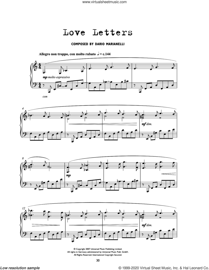 Love Letters (from Atonement) sheet music for piano solo by Dario Marianelli, intermediate skill level