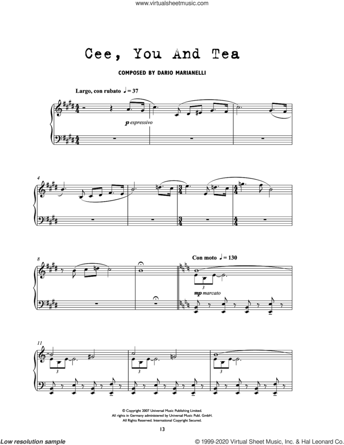 Cee, You And Tea (from Atonement) sheet music for piano solo by Dario Marianelli, intermediate skill level