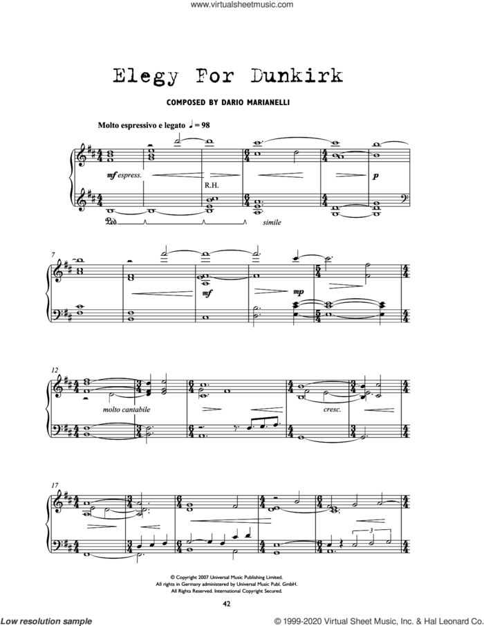 Elegy For Dunkirk (from Atonement) sheet music for piano solo by Dario Marianelli, intermediate skill level
