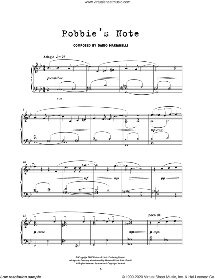 Robbie's Note (from Atonement) sheet music for piano solo by Dario Marianelli, intermediate skill level