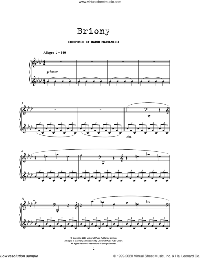 Briony (from Atonement) sheet music for piano solo by Dario Marianelli, intermediate skill level