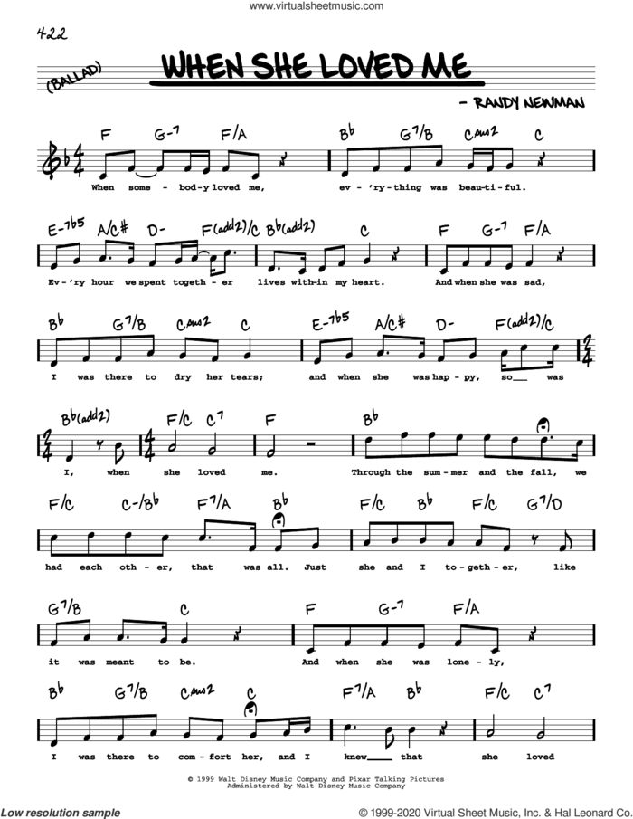 When She Loved Me (from Toy Story 2) (High Voice) sheet music for voice and other instruments (high voice) by Sarah McLachlan and Randy Newman, intermediate skill level