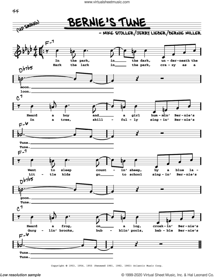 Bernie's Tune (High Voice) sheet music for voice and other instruments (high voice) by Bernie Miller, Jerry Lieber and Mike Stoller, intermediate skill level