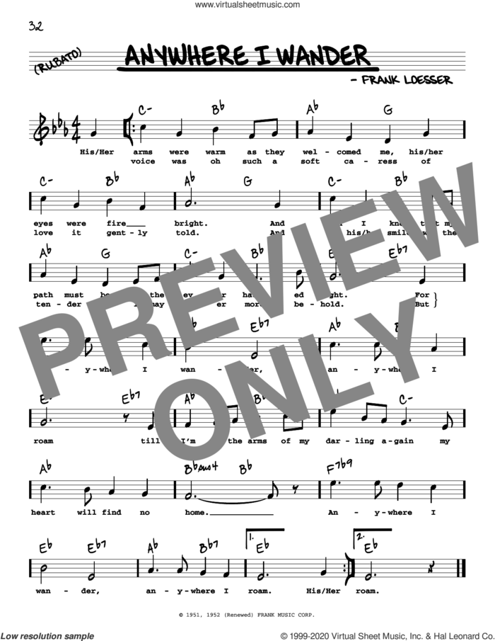 Anywhere I Wander (High Voice) (from Hans Christian Andersen) sheet music for voice and other instruments (high voice) by Frank Loesser, intermediate skill level