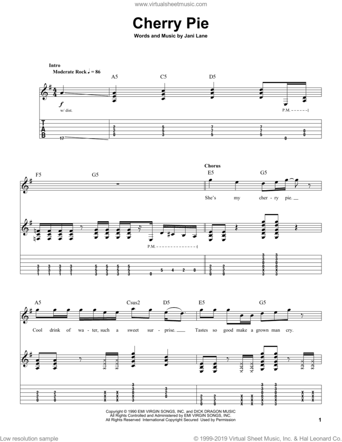 Cherry Pie sheet music for guitar (tablature, play-along) by Warrant and Jani Lane, intermediate skill level