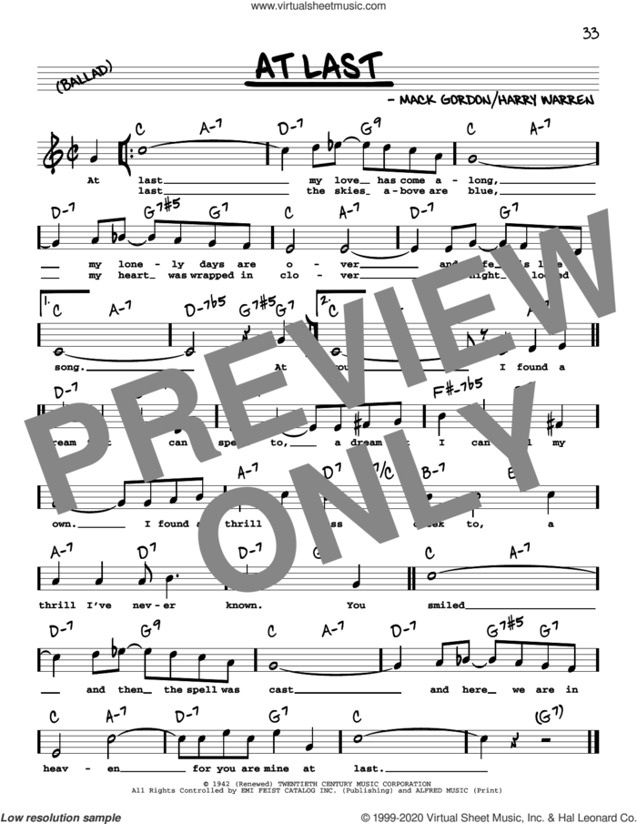 At Last (High Voice) sheet music for voice and other instruments (high voice) by Etta James, Celine Dion, Harry Warren and Mack Gordon, intermediate skill level