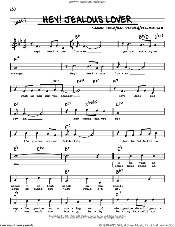 Hey! Jealous Lover (High Voice) sheet music for voice and other instruments (high voice) by Sammy Cahn, Bee Walker and Kay Twomey, intermediate skill level